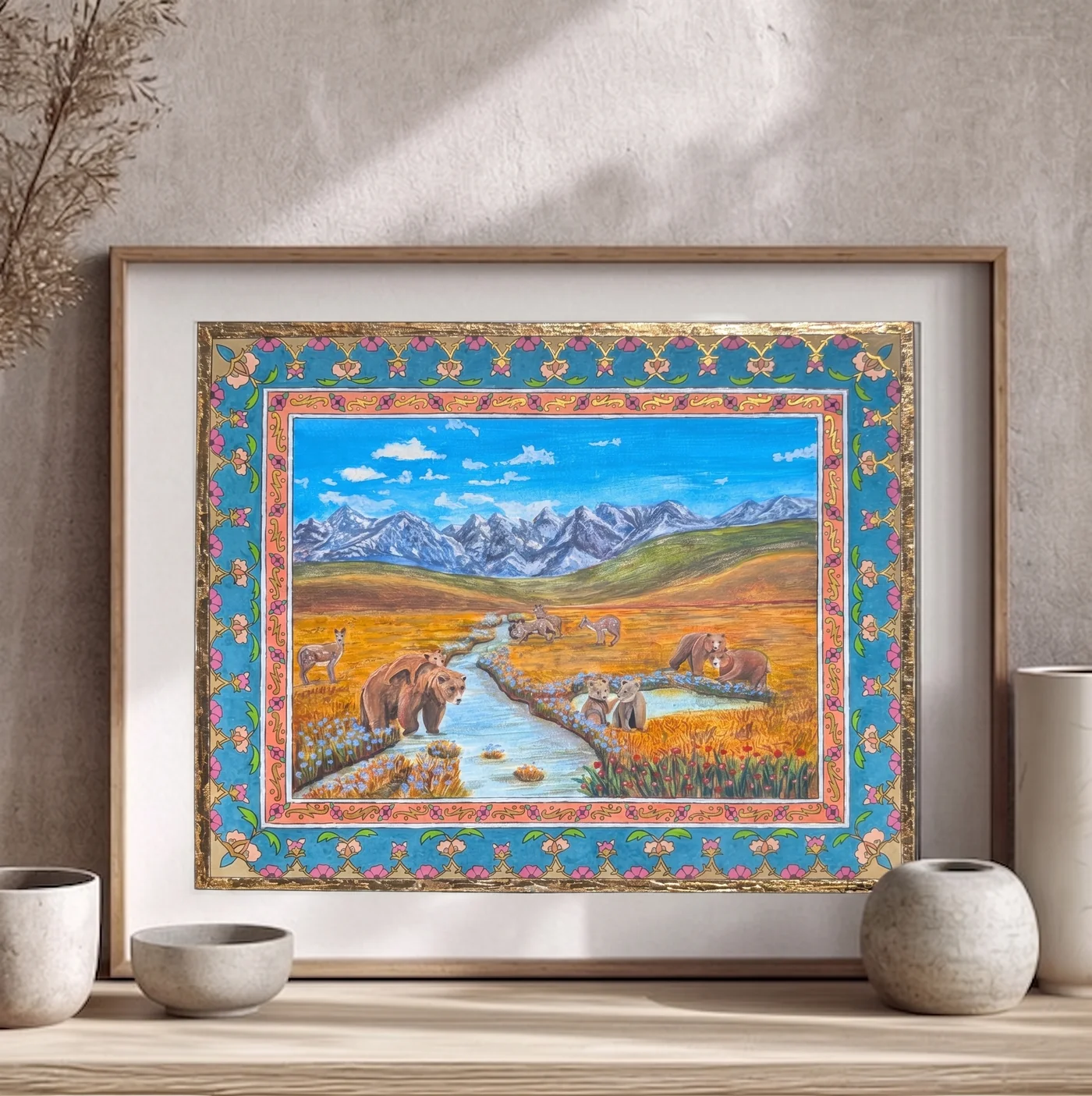 Handmade gouache landscape painting of Deosai Skardu Valley on Vaasli by FiziArt Studio