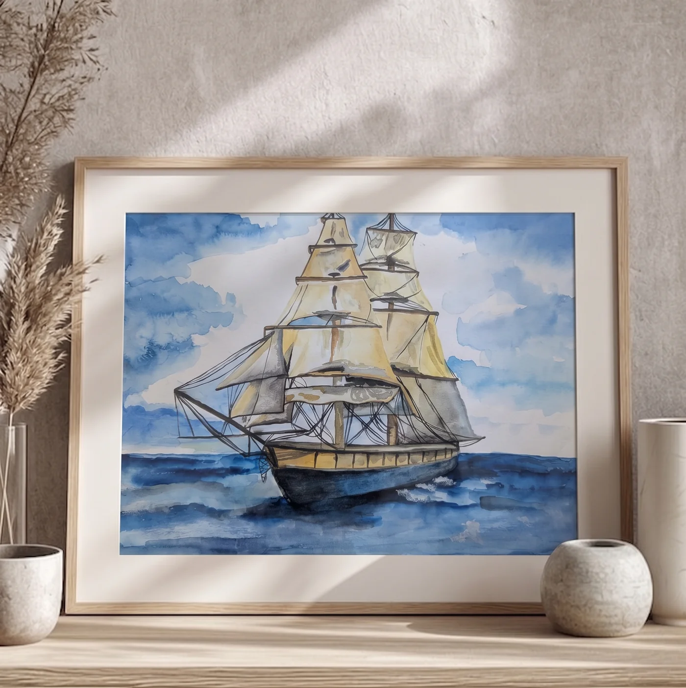 Handmade custom artwork The Sailing Waves in watercolor on paper by FiziArt Studio