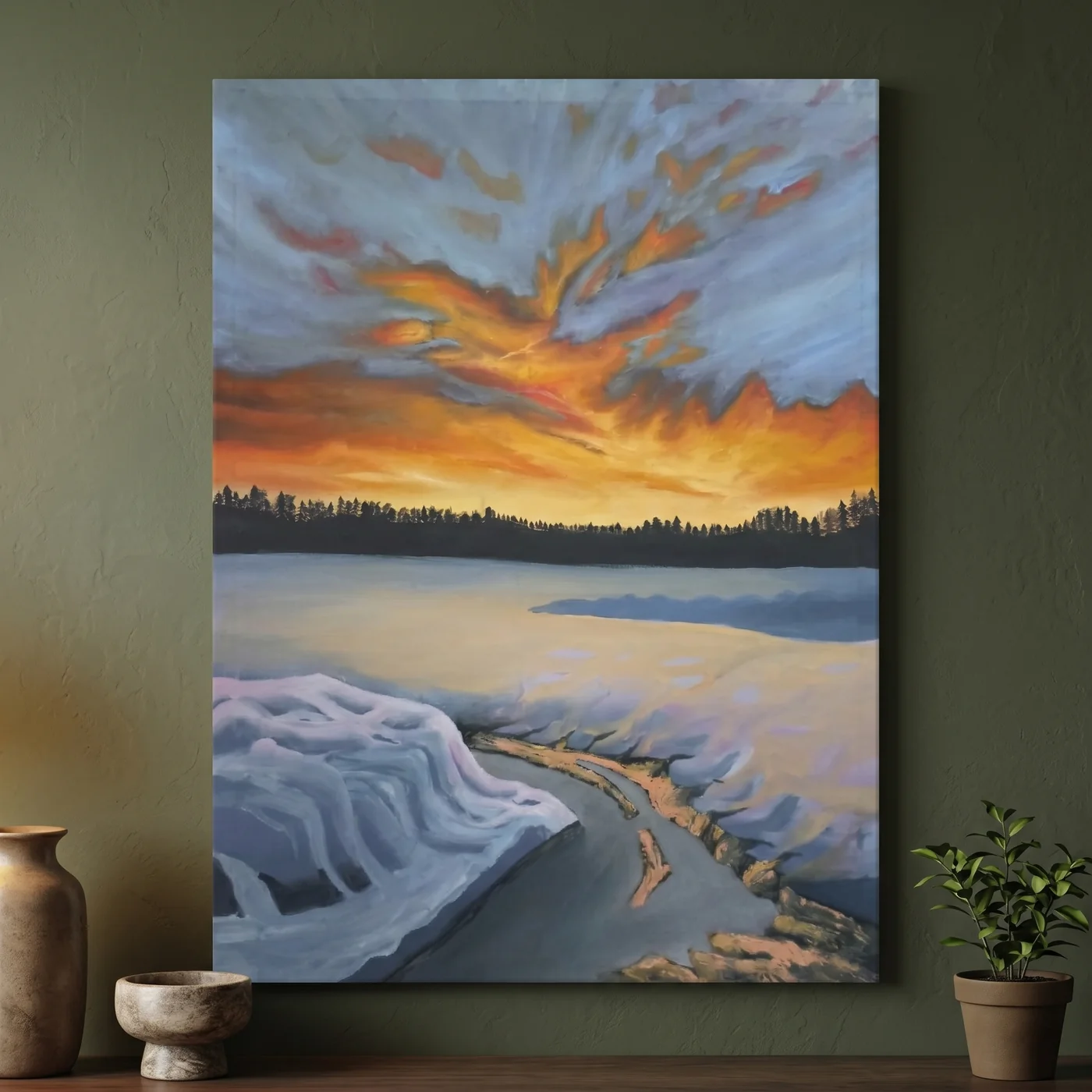 Handmade landscape painting Dawn in White Silence in acrylics on canvas by FiziArt Studio