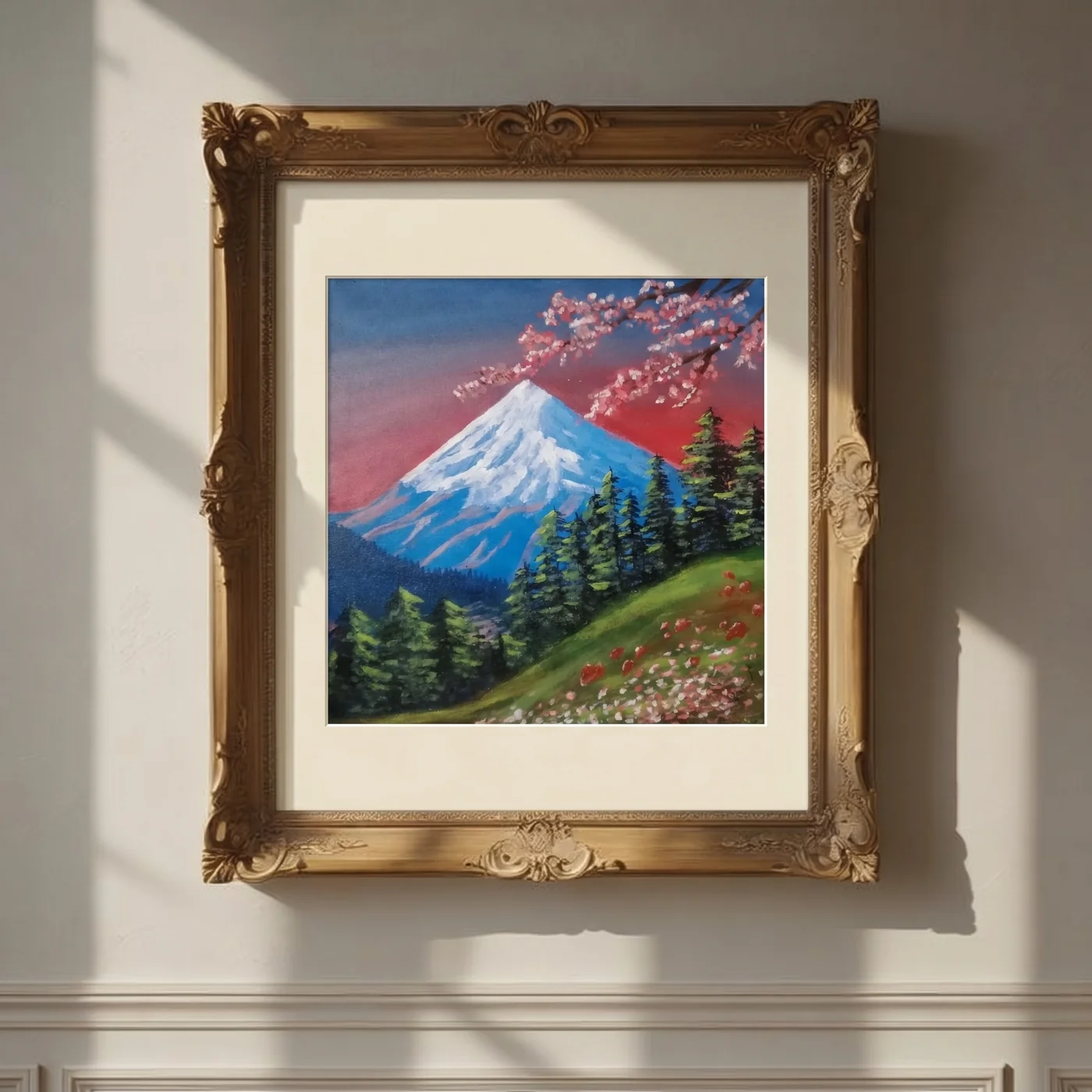 Handmade landscape painting The Mount Fuji in acrylics on canvas by FiziArt Studio