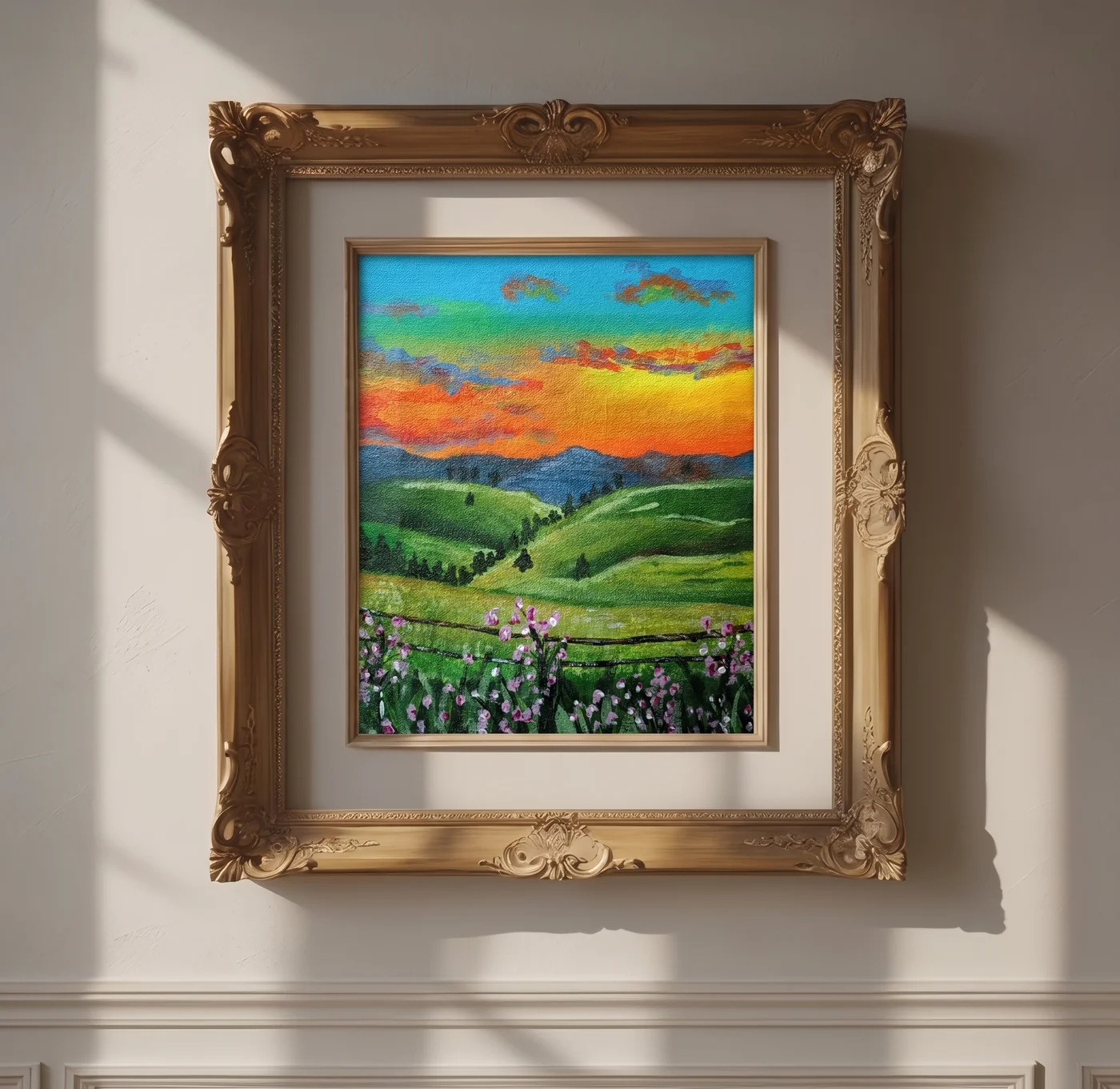 Handmade landscape painting Last Light on the Horizon in acrylics on canvas by FiziArt Studio